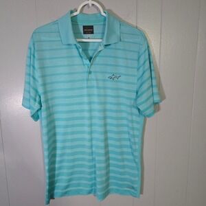 Greg Norman Mens M Play Dry Golf Polo Shirt Aqua Stripe Shark Logo
